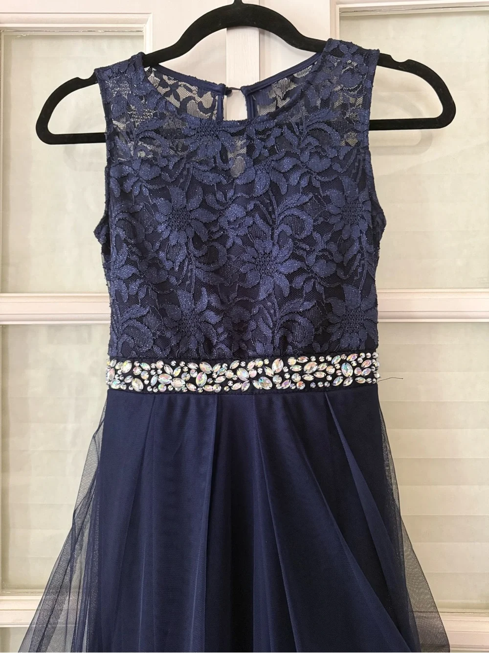 Speechless Navy Lace & Tulle Dress with Jeweled Waistband